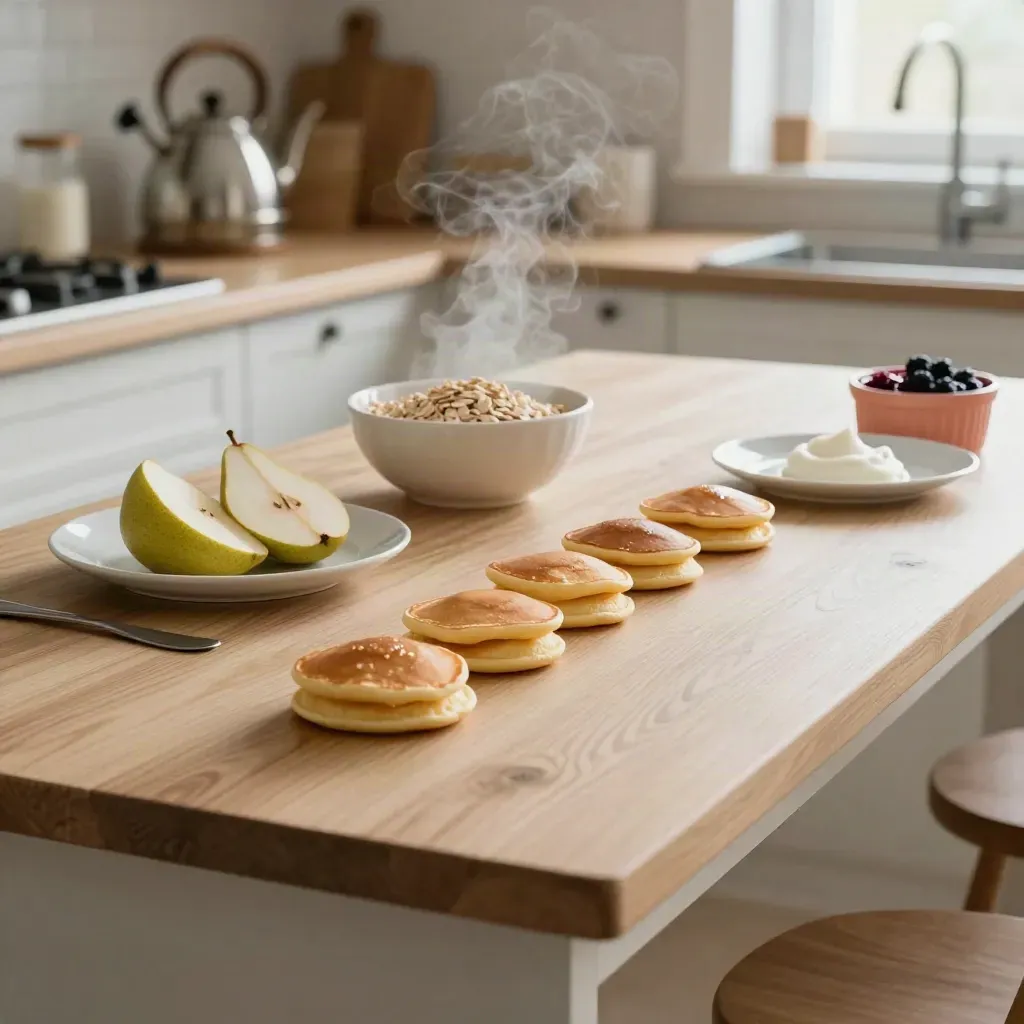 Småbarnsmåltid med pannkakor, gröt och frukt på köksö i mjukt morgonljus