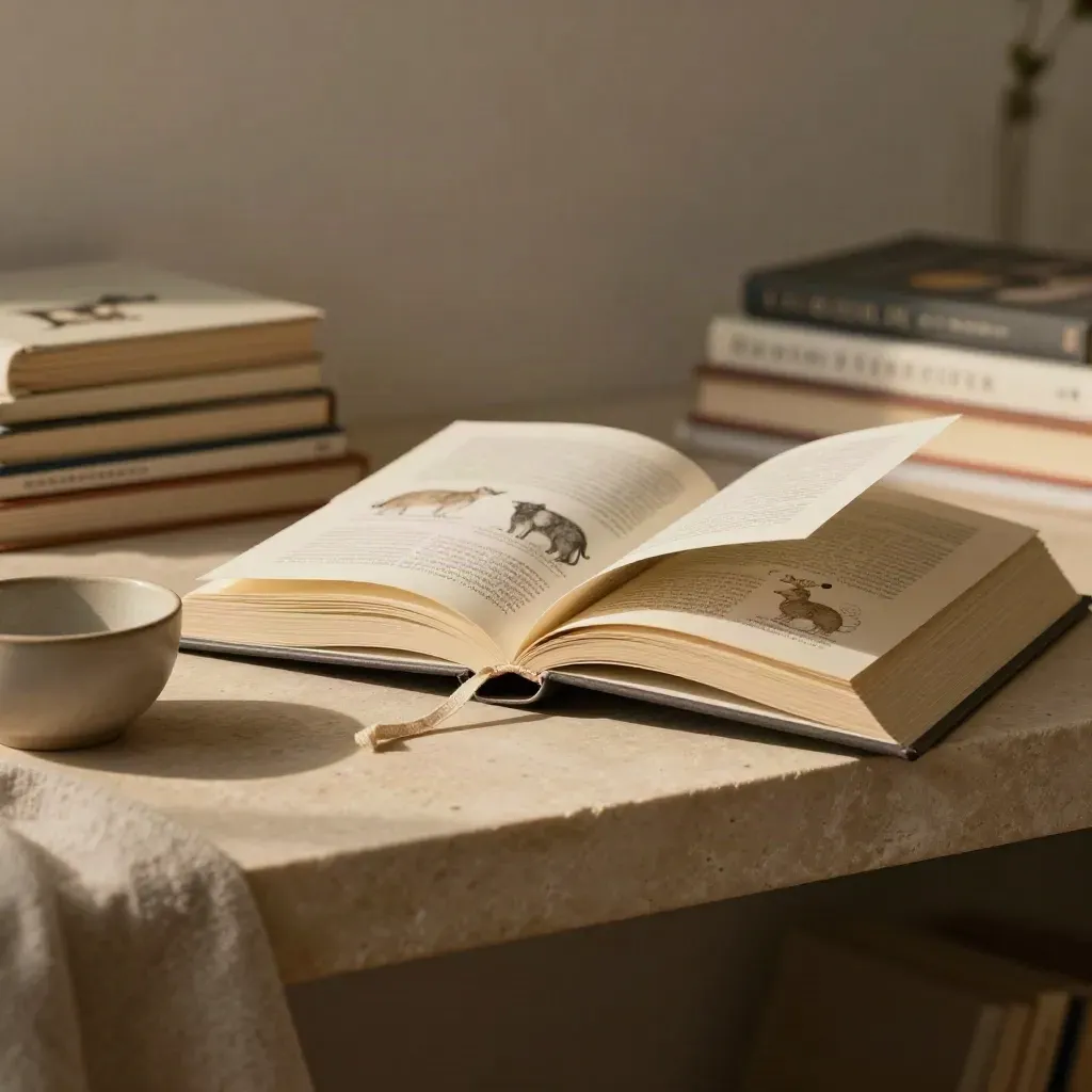 Öppen bilderbok med djurmotiv, keramikskål och linnesnöre på ljus stenhylla.